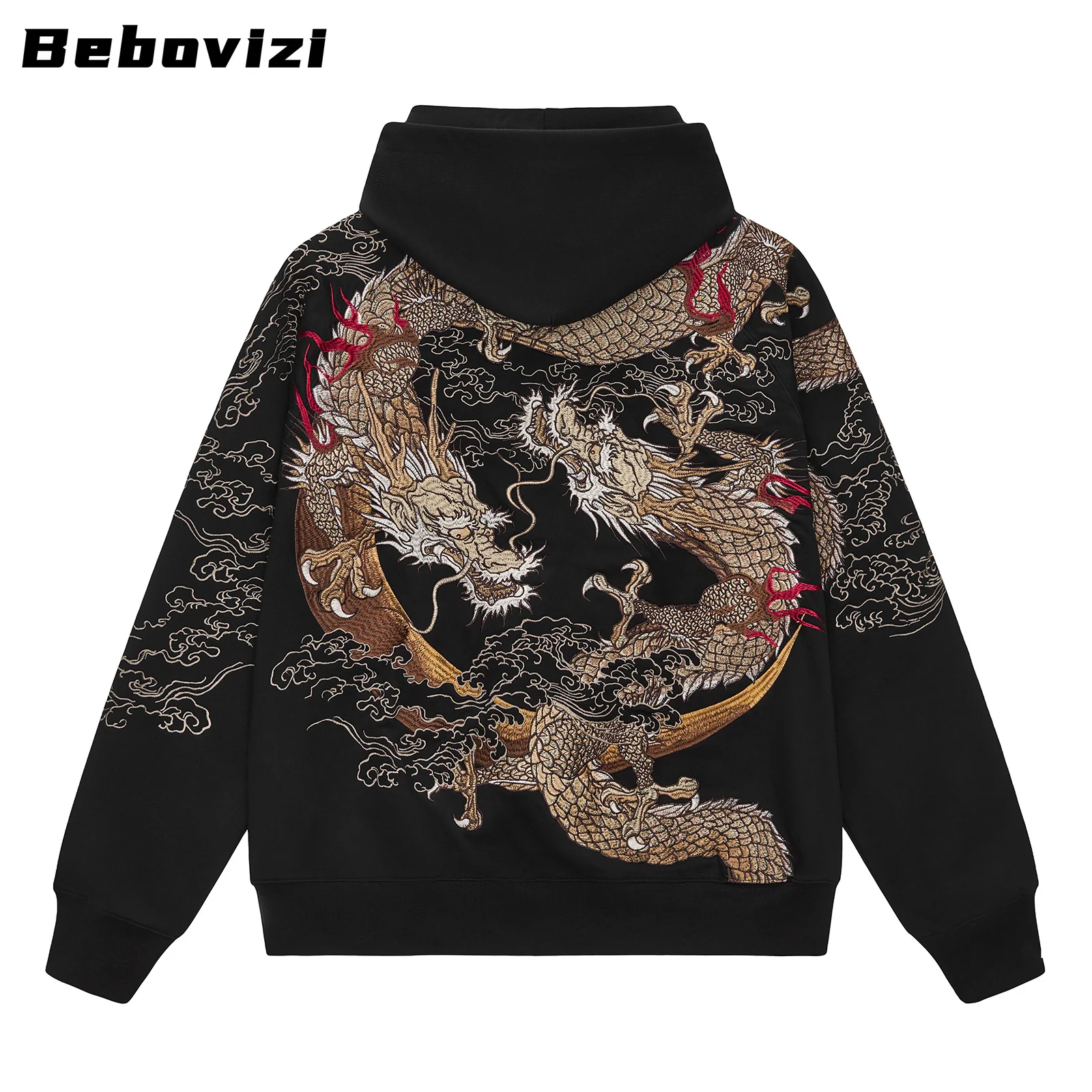 Moletom Masculino Preto com Zíper e Bordado de Dragão Dourado e Nuvem - Jaqueta Estilo Chinês Harajuku