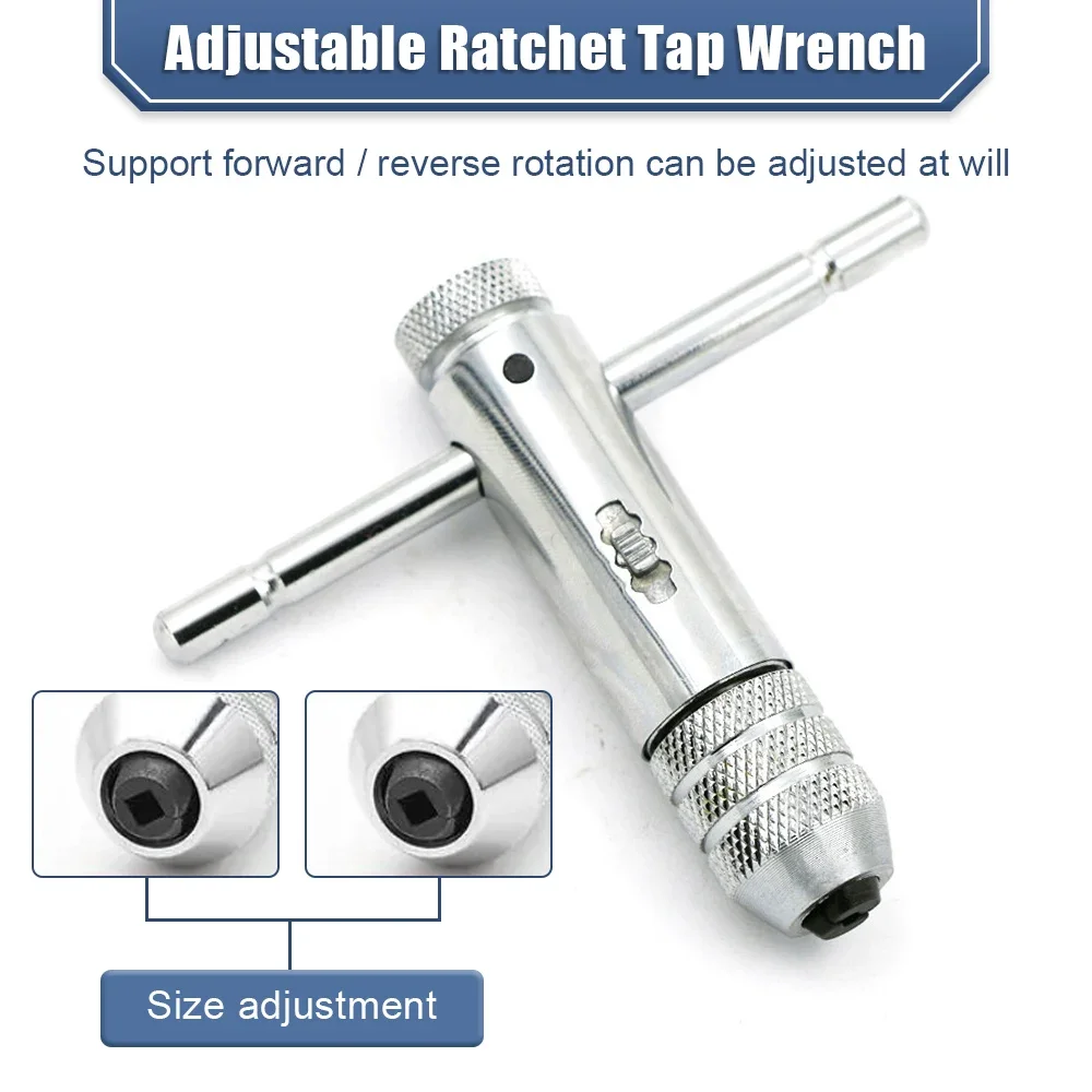 Silver Adjustable Ratchet Tap T-Handle Chuck Wrench with M3 M8 Machine Thread Metric Tap T-Tap Ratchet Wrench Set