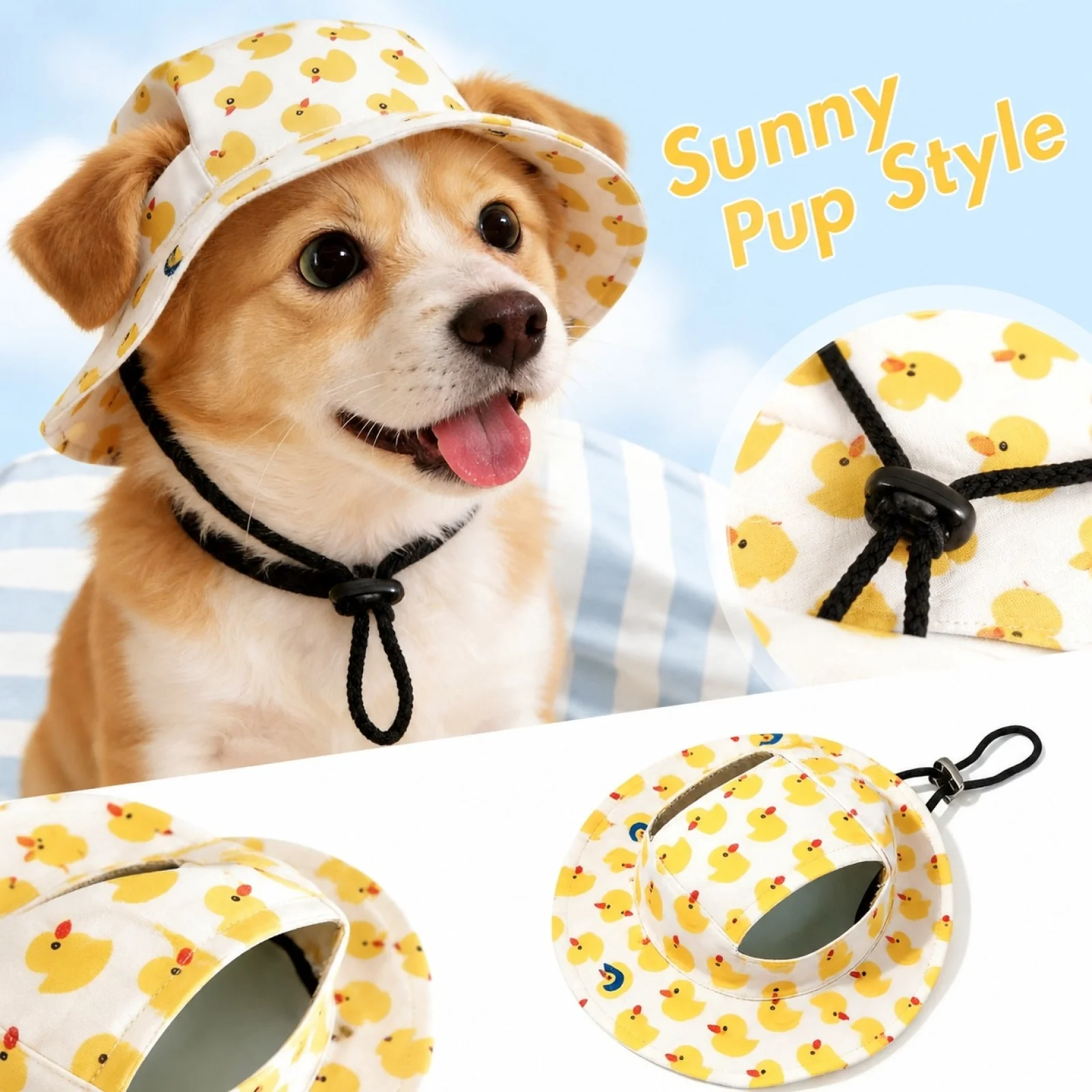 Pet Sun Hat Cute Duck Printed Pet Dog Hats Adjustable Sun Protection Cap Windproof Anti‑Fall Puppy Outdoor Summer Travel Sun Hat