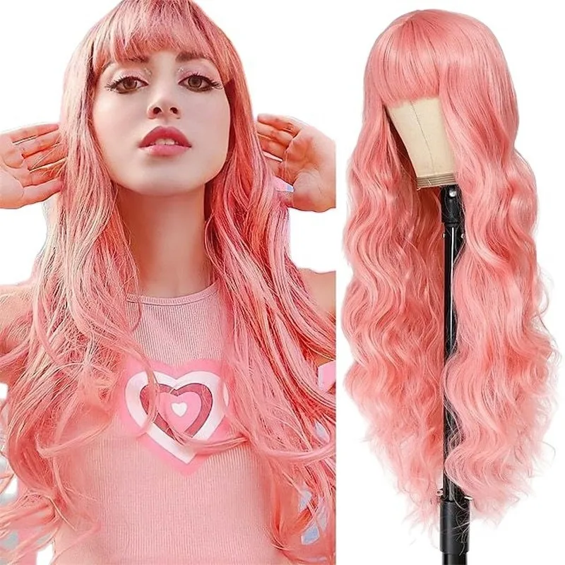 New European American style cross-border wig for women, featuring long, wavy hair with a center part and bangs, in a pink co