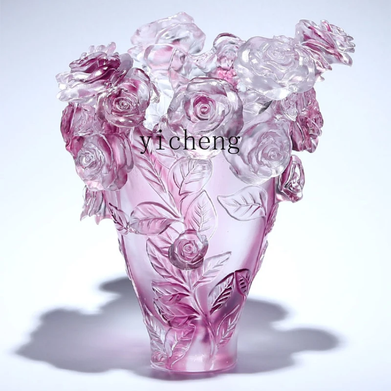 Zf high-grade glazed rose vase ornament, living room flower arrangement wine cabinet decoration, high-end housewarming gift