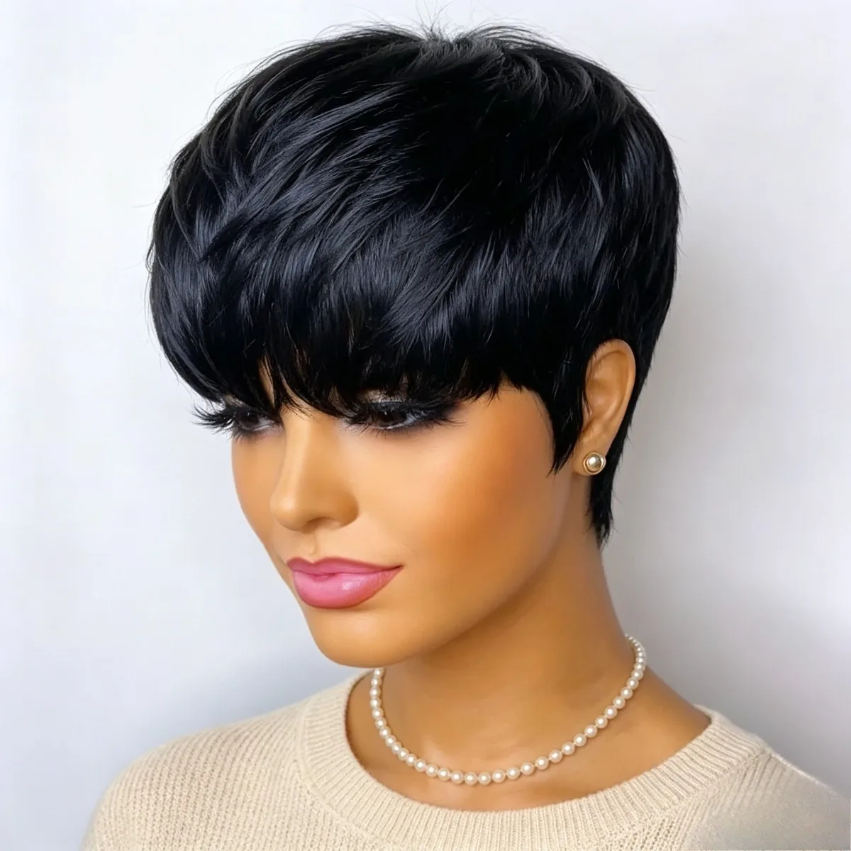 6 Inch Layered Pixie Cut Human Hair Wig for Ladies, Remy Hair Full Machine Made Short Bob Wig, Natural Looking for Daily Styling