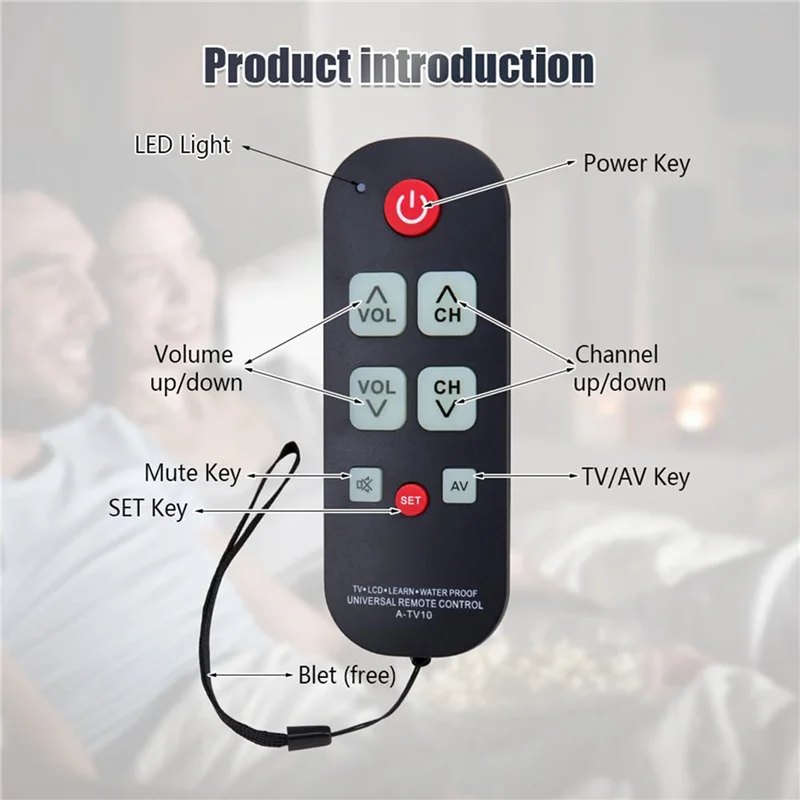 

【Купите это-нечно!】2X A-TV10 Пульт для телевизора для пожилых людей Универсальный контроллер Простой водонепроницаемый пульт дистанционного управления со светодиодной подсветкой для всех моделей телевизора