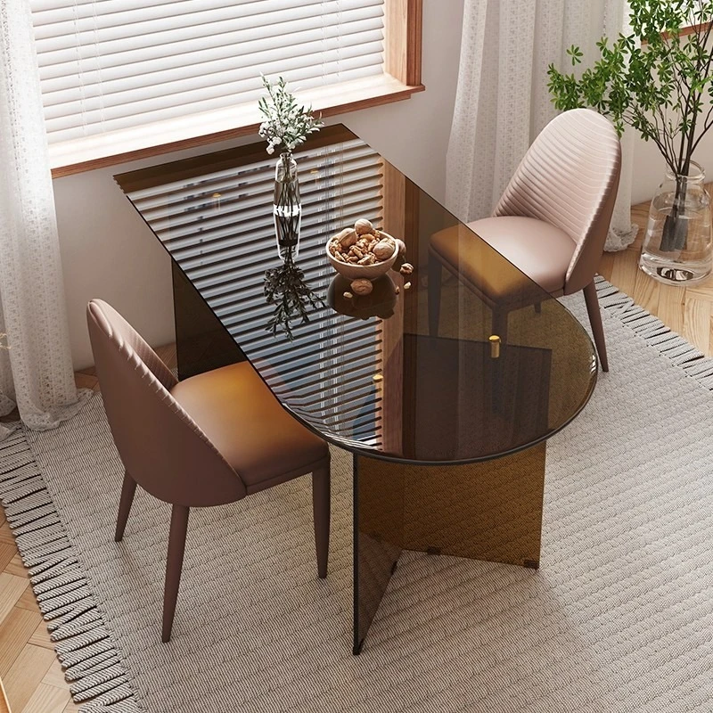 Transparent Peninsula Table Minimalist Wabi Wind Wall Tempered Glass Dining Table