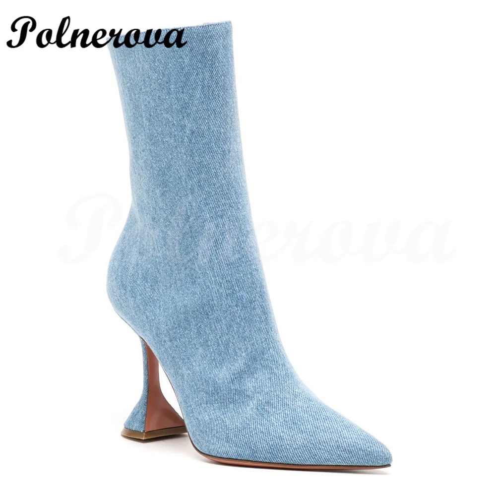 Blue Denim Wine Glass Pointed Toe Boots Women's Fashion Simple Side Zipper Black Gray Women's Boots for Autumn and Winter