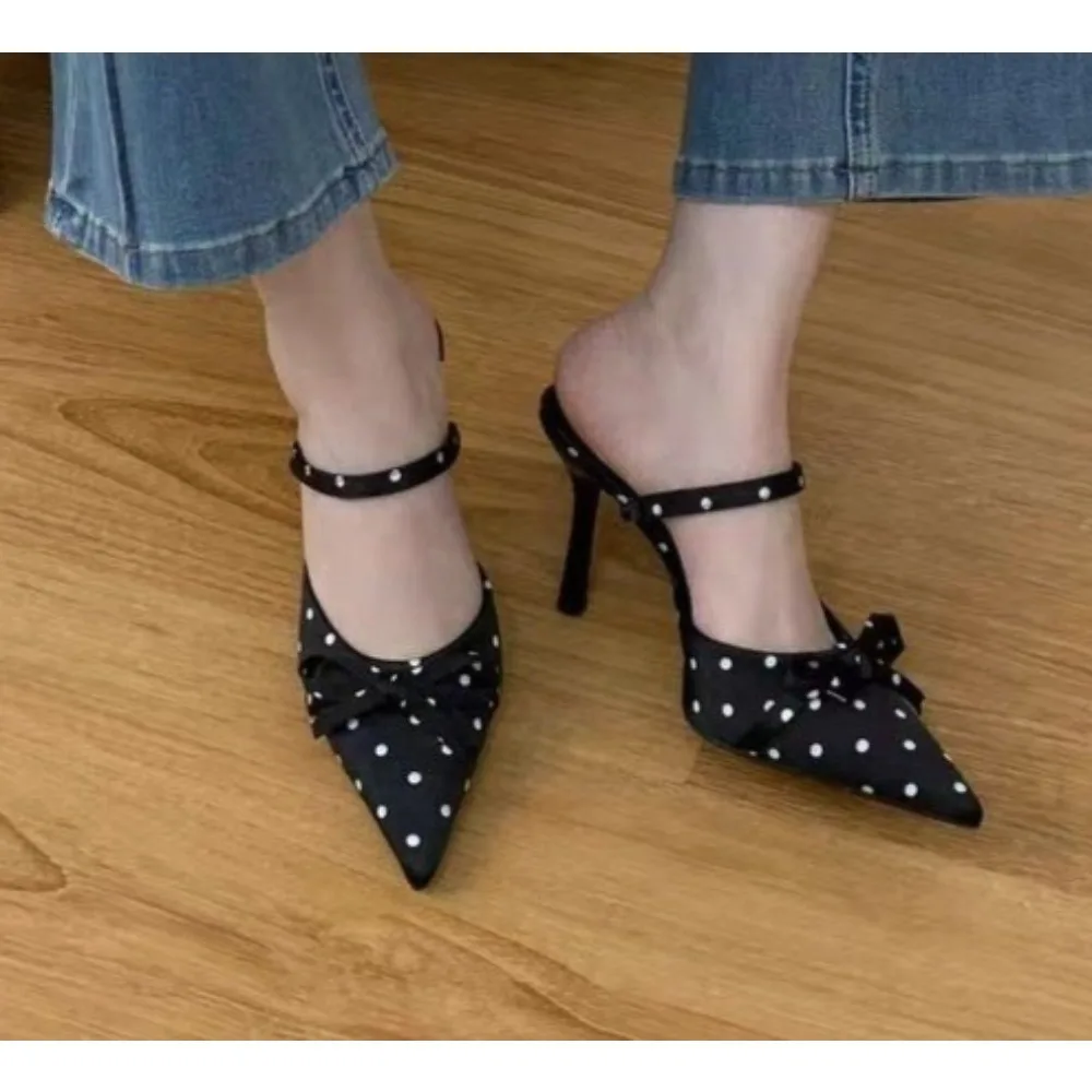 Pointed Toe High Heels Women Dot Sandals 2026 Summer Singbacks Mules Shoes Elegant Butterfly-knot Stripper Party Sandalias