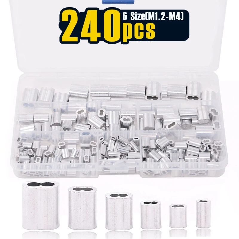 240Pcs 6 Size Aluminum Double Barrel Ferrule Crimping Loop Sleeve for Wire Rope and Cable Line End Assortment Kit