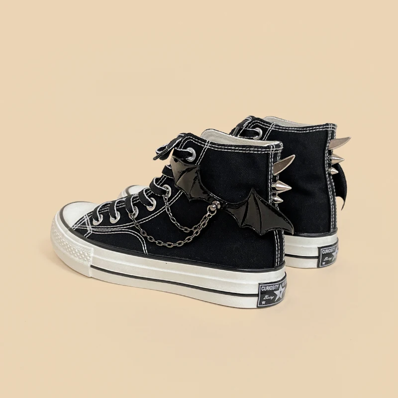 Amy and Michael Original Design Hand Made High Top Canvas Shoes Black Punk Gothic Women Sneakers Girls Students Casual Plimsolls