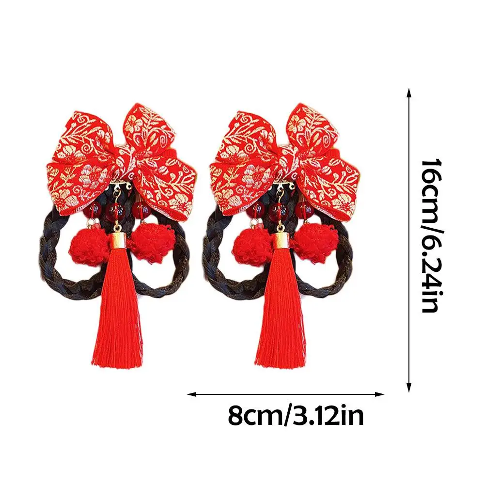 Chinese Style Fashion Hanfu Flower Tassel Headband Pigtail Wig Children\'s Pearl Bow Cartoon Cute Hairband New Year Headdress