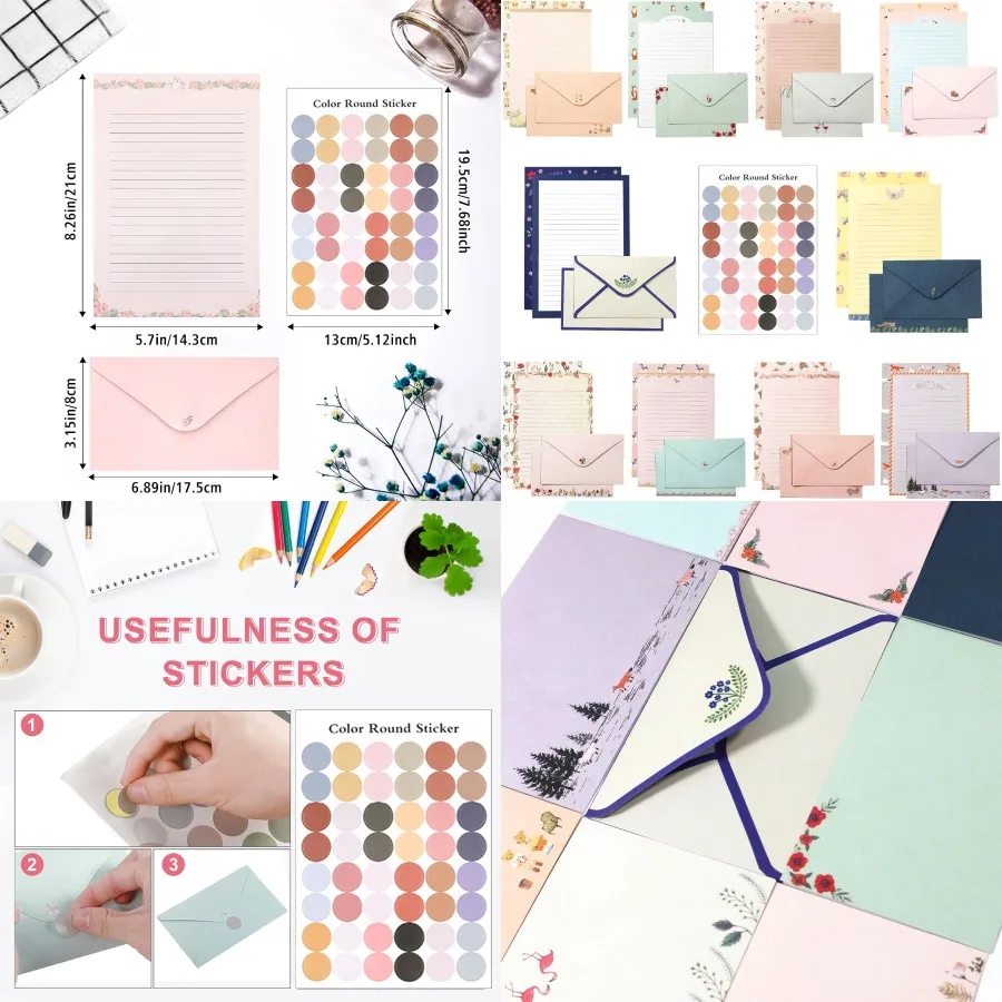 

91 Pcs Stationery Paper Envelopes Set Includes 60 Lined Writing Paper 30 Envelopes with 48 Colorful Round Dot Stickers for Cute
