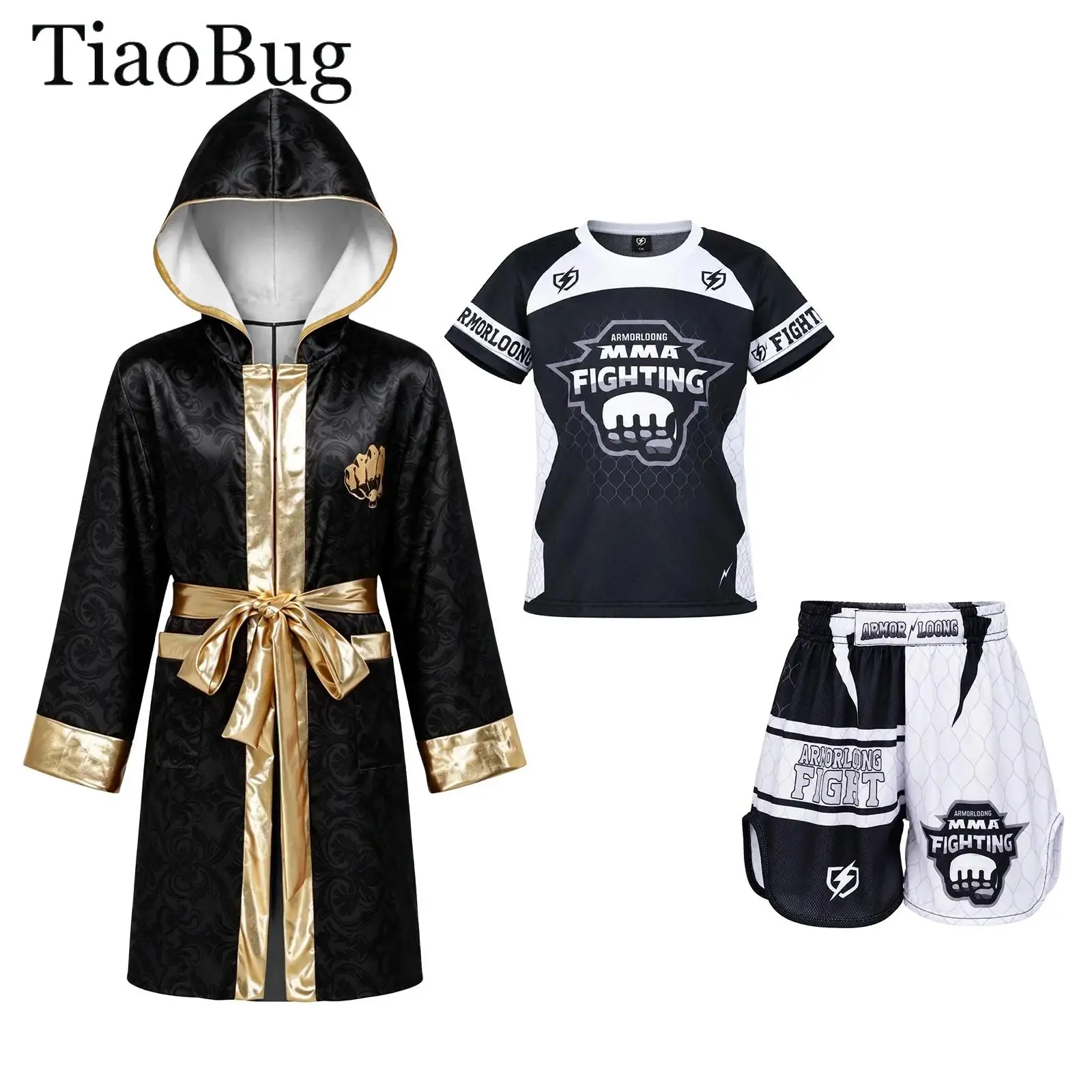 Boys Girls Boxing Robe Sets Long Sleeve Satin Hooded Cloak with Belt Short-sleeve Top And Shorts Kickboxing Gown Training Outfit