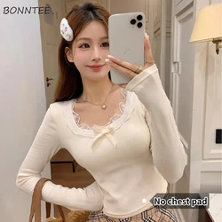 Sexy Lace Long Sleeve T-shirts for Women Slim Y2k Clothes Lovely Girls Autumn Plus Velvet Sexy Crop Tops Stylish Hotsweet Basic