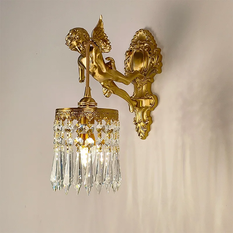 

Luxury Angel Brass Wall Lamp Living Room Bedroom Background Retro Crystal Art Lighting