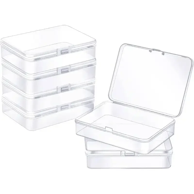 

5pcs Small Plastic Containers with Hinged Lids Rectangle Clear Storage Boxes for Card Crafts Learning Supplies Screws Battery