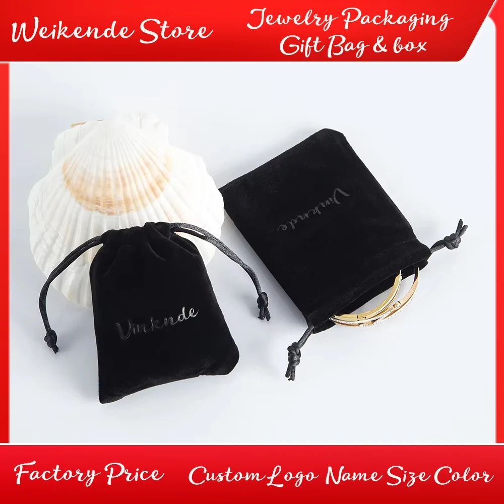

100pcs Bulk Luxury Custom Logo Drawstring Black Velvet Gift Pouch Jewelry Packaging Bags Earrings Rings Necklace Organizer Bag