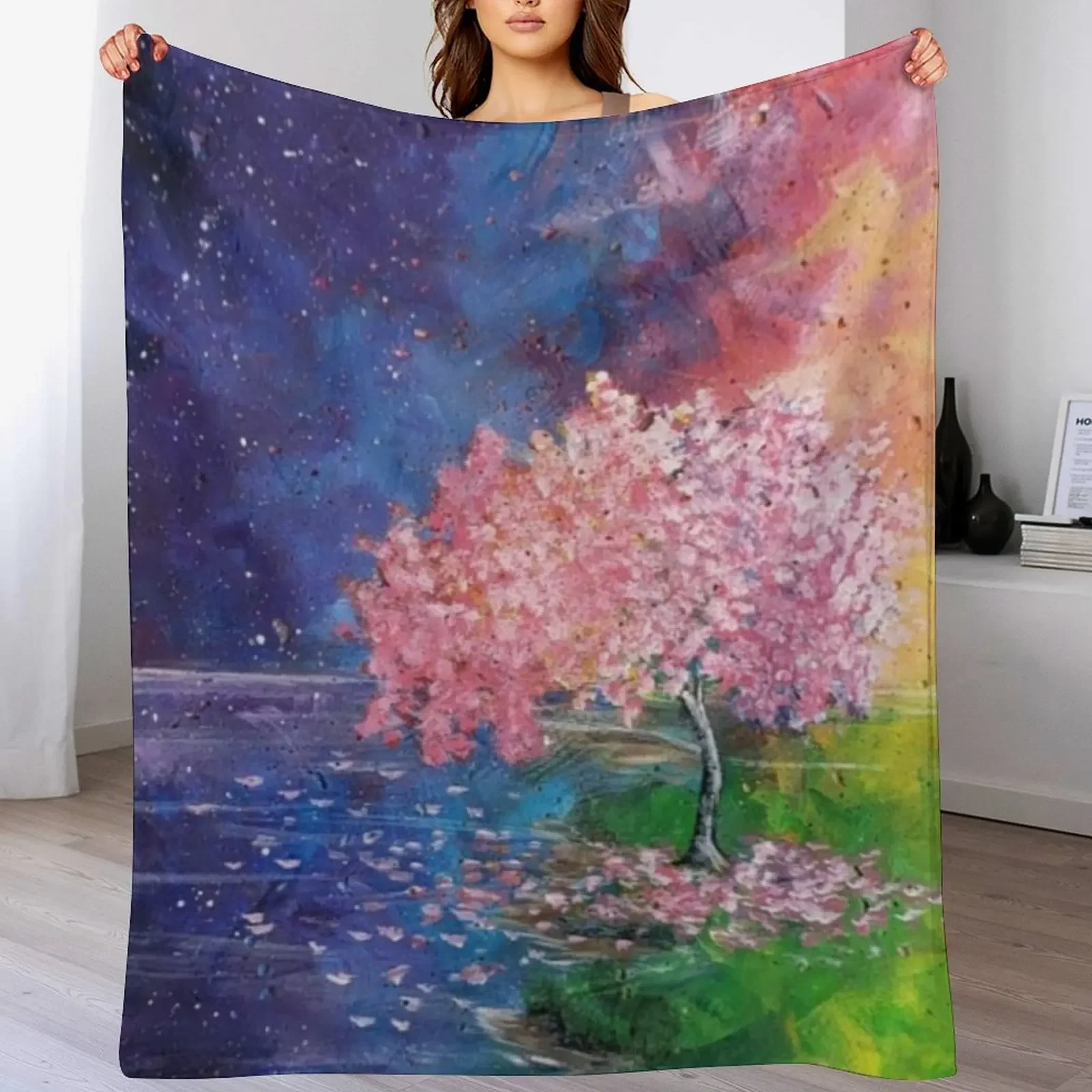 

Tree in bloom with colorful background Throw Blanket Wrinkle Resistant Lightweight Blanket