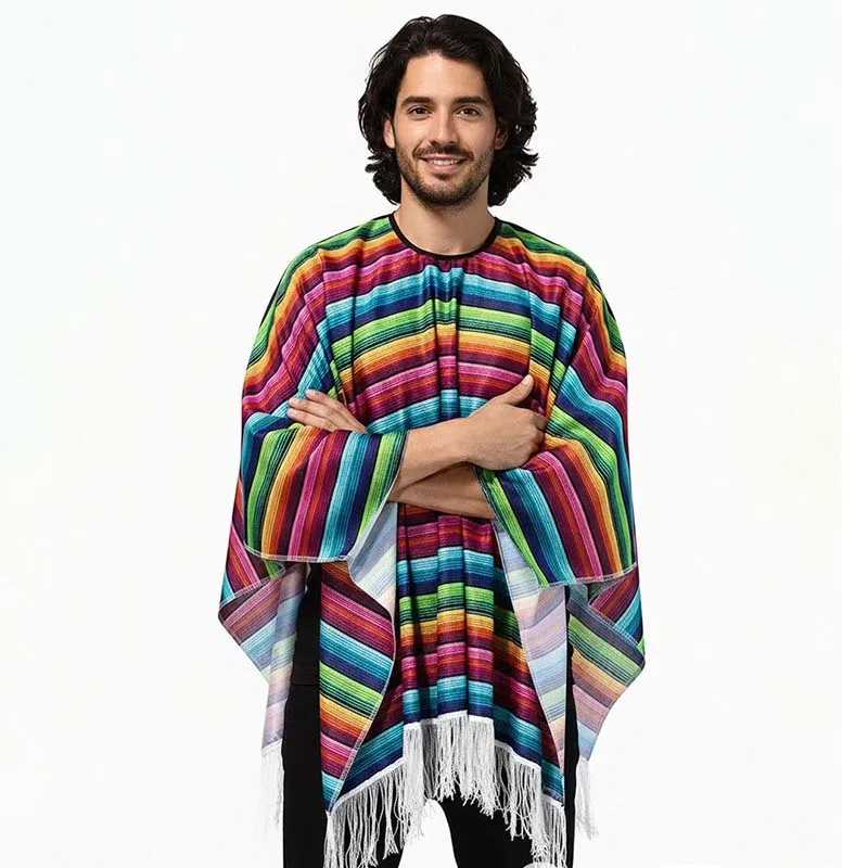 Mexican Poncho for Adults Rainbow Striped Fringe Cloak Traditional Fiesta Party Costume Cape Halloween Cosplay Shawl Unisex