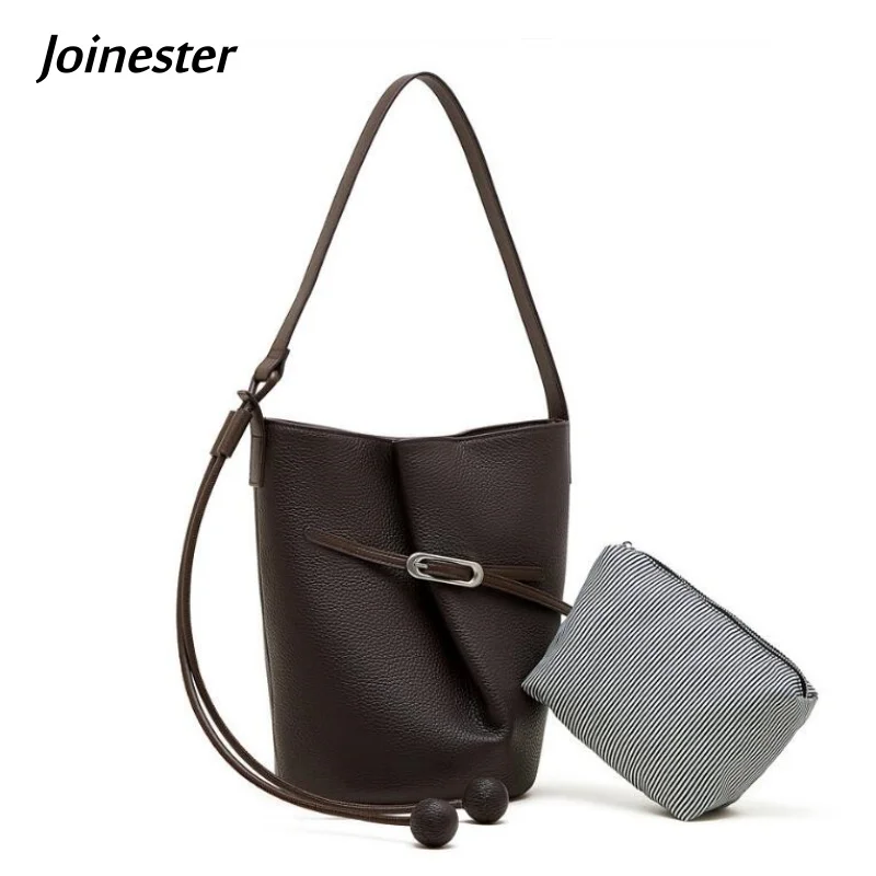 Cowhide Leather Fashion Soft Shoulder Bag for Lady Pure Color Functional Leisure Messenger Bags Light Bucket Pocket