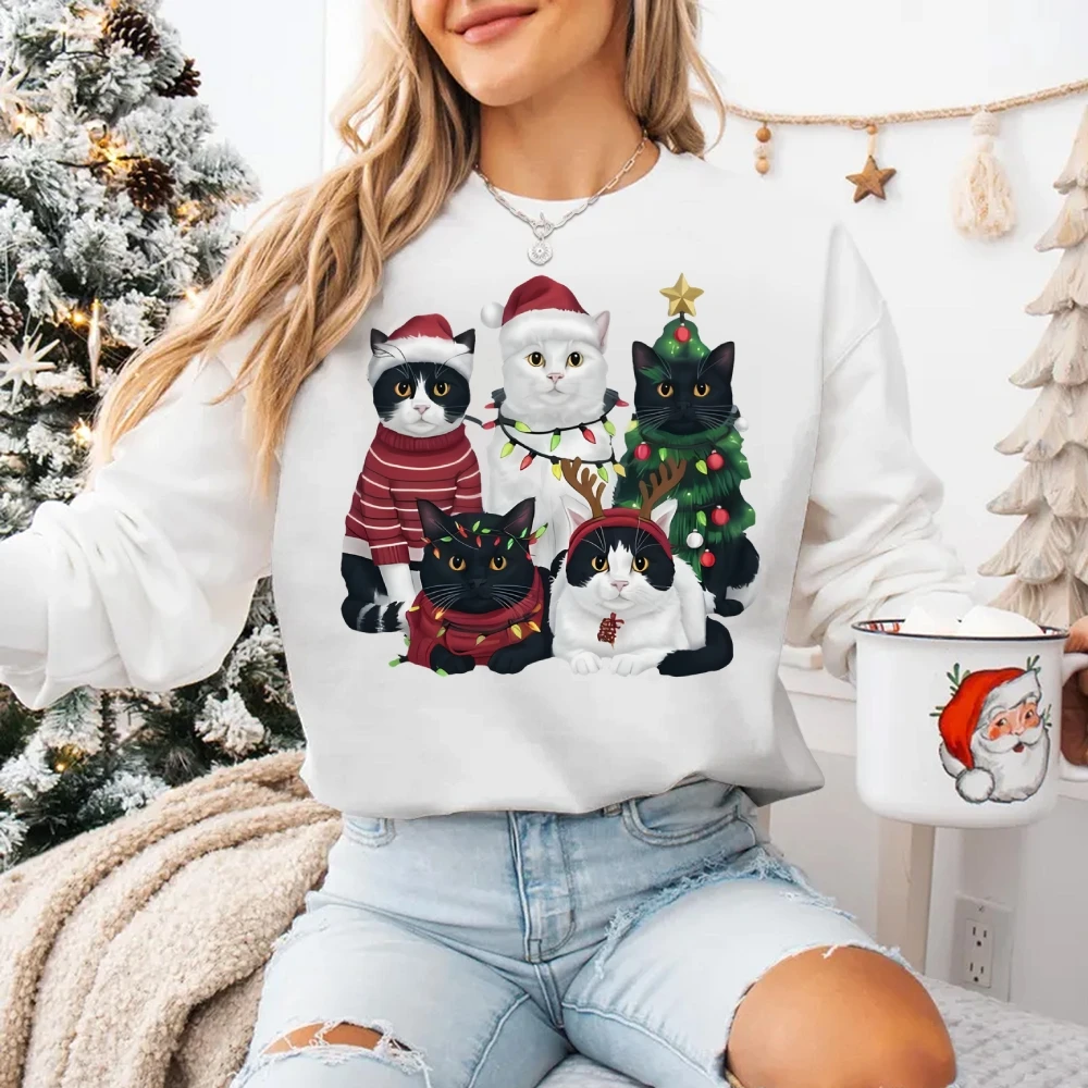 เสื้อสเวตเตอร์พิมพ์ลายแมวคริสต์มาสผู้หญิงฤดูใบไม้ร่วงและฤดูหนาวเสื้อฮู้ดแฟชั่นและสบายคอกลมลำลองด้านบน