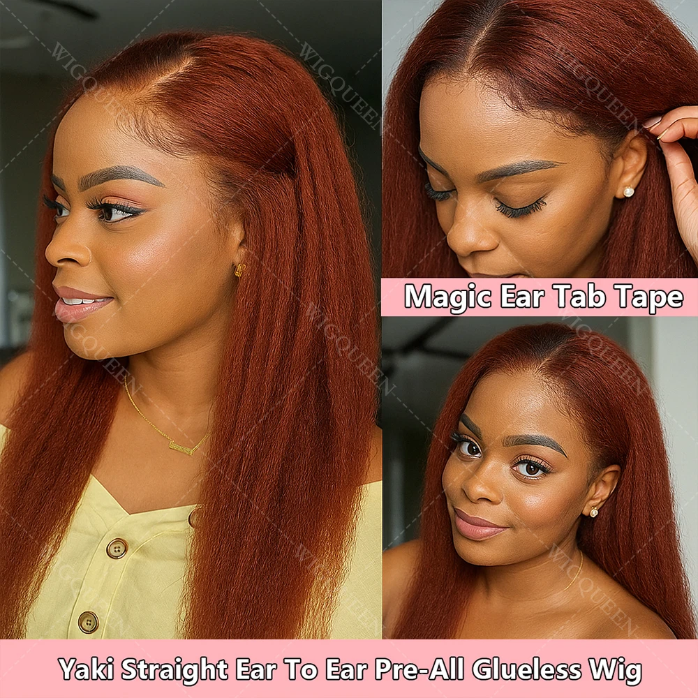 Peruka z ludzkich włosów Yaki Straight, czerwono-brązowa, peruki typu lace front 13x4, peruki z ludzkich włosów typu lace 4x4 bez kleju z kręconymi brzegami i baby hair.