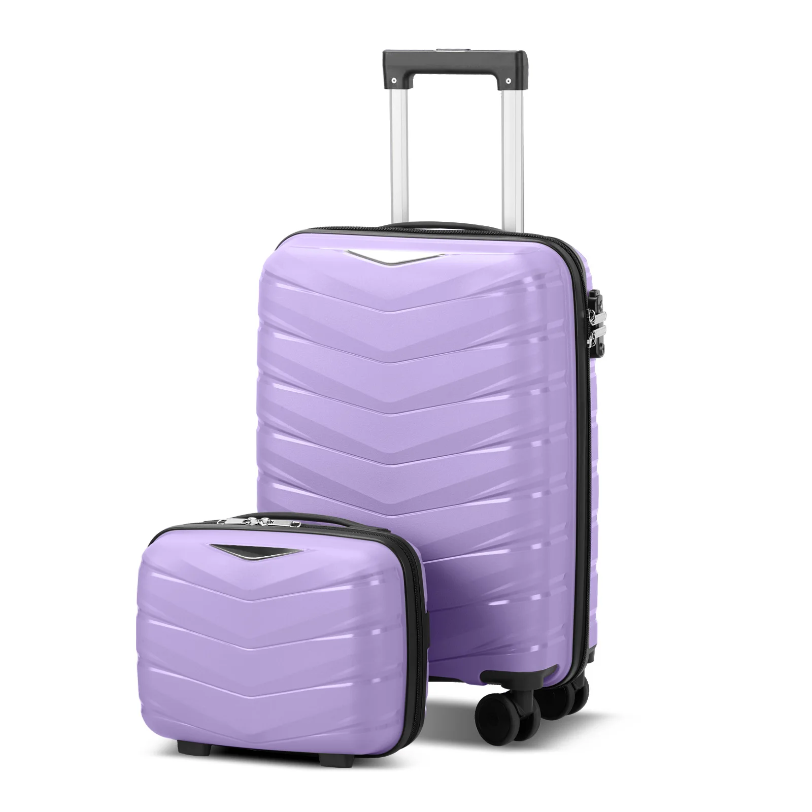 V-shaped striped 2-piece set with PP handbag PP trolley case 14in 20in PP iron trolley fashionable color - taro purple