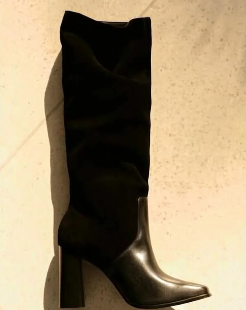 Dark Brown Two-Tone Knee-High Boots Smooth Leather Square Toe Slouchy Suede Shaft Thick Block Heel Western Boots for Daily Looks