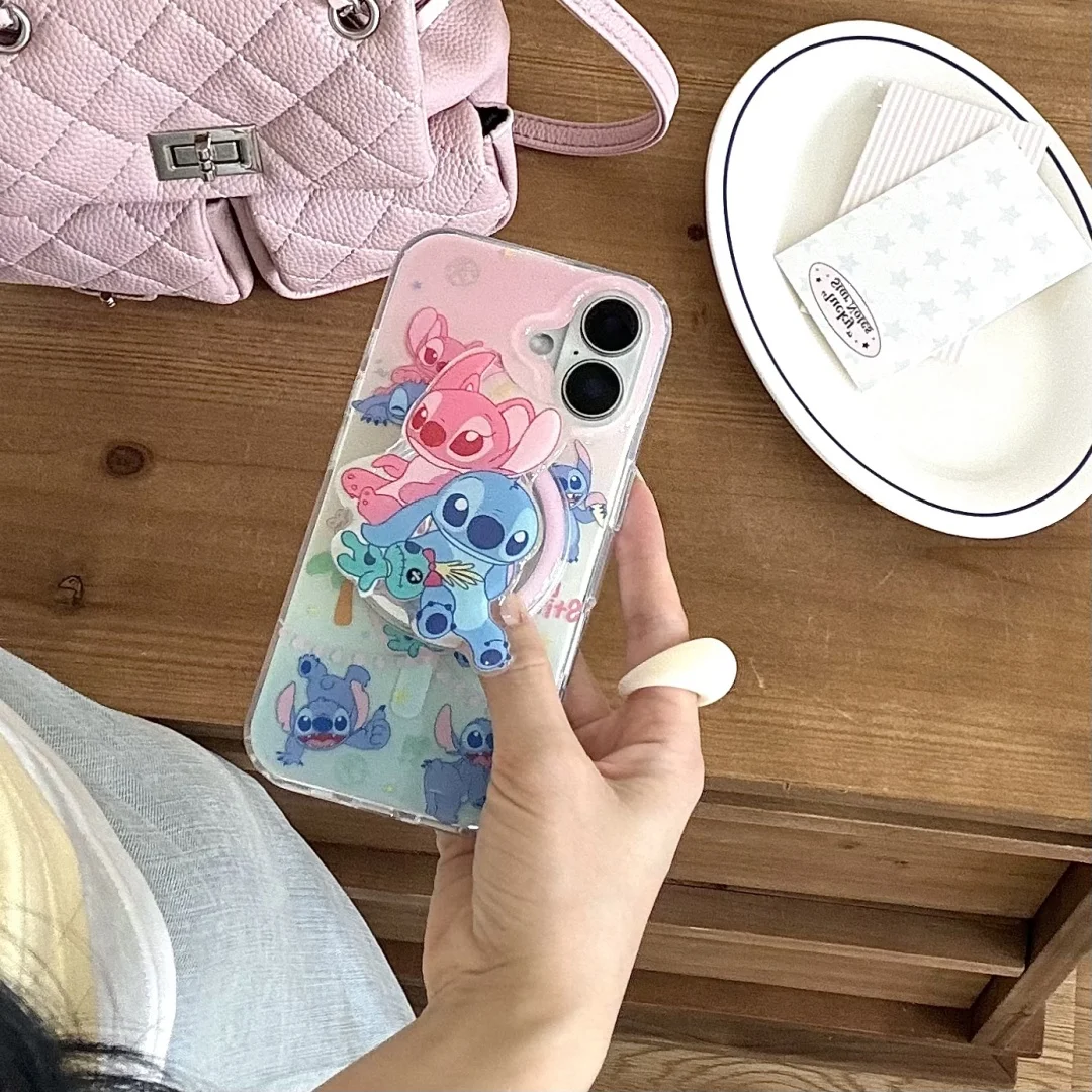 

Cute Cartoon Stitch Stand Holder Magsafe Magnetic Case for iPhone 16 15 13 14 Pro Max Wireless Charging Shockproof back Cover﻿﻿