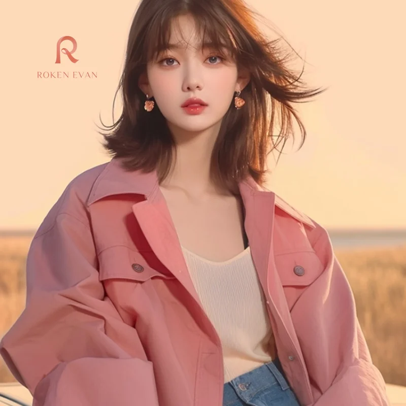 ROKEN EVAN 2024 Autumn Women Korean Casual Pink Short Jacket Long Sleeve Winter Clothes Traf  Winter Clothes Varsity Jacket