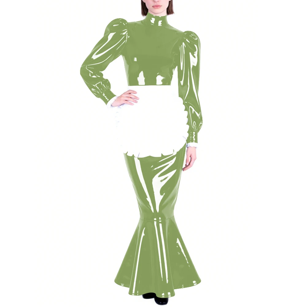 

Mens Sissy PVC Glossy Mermaid Maid Dress High Neck Puff Long Sleeve Slim Fit Ruffled Long Dress with Apron Party Cosplay Outfits