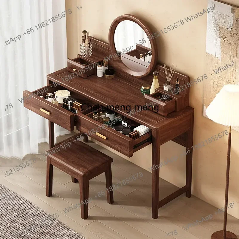 

D182luxury black walnut solid wood dressing table, makeup stool combination makeup table with round mirror home dressing table