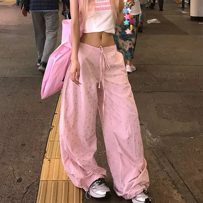 Y2K ピンクカーゴパンツ女性ストリートスタープリントだぶだぶのスウェットパンツギャル原宿ワイドレッグジョガー夏のファッションカジュアルズボン