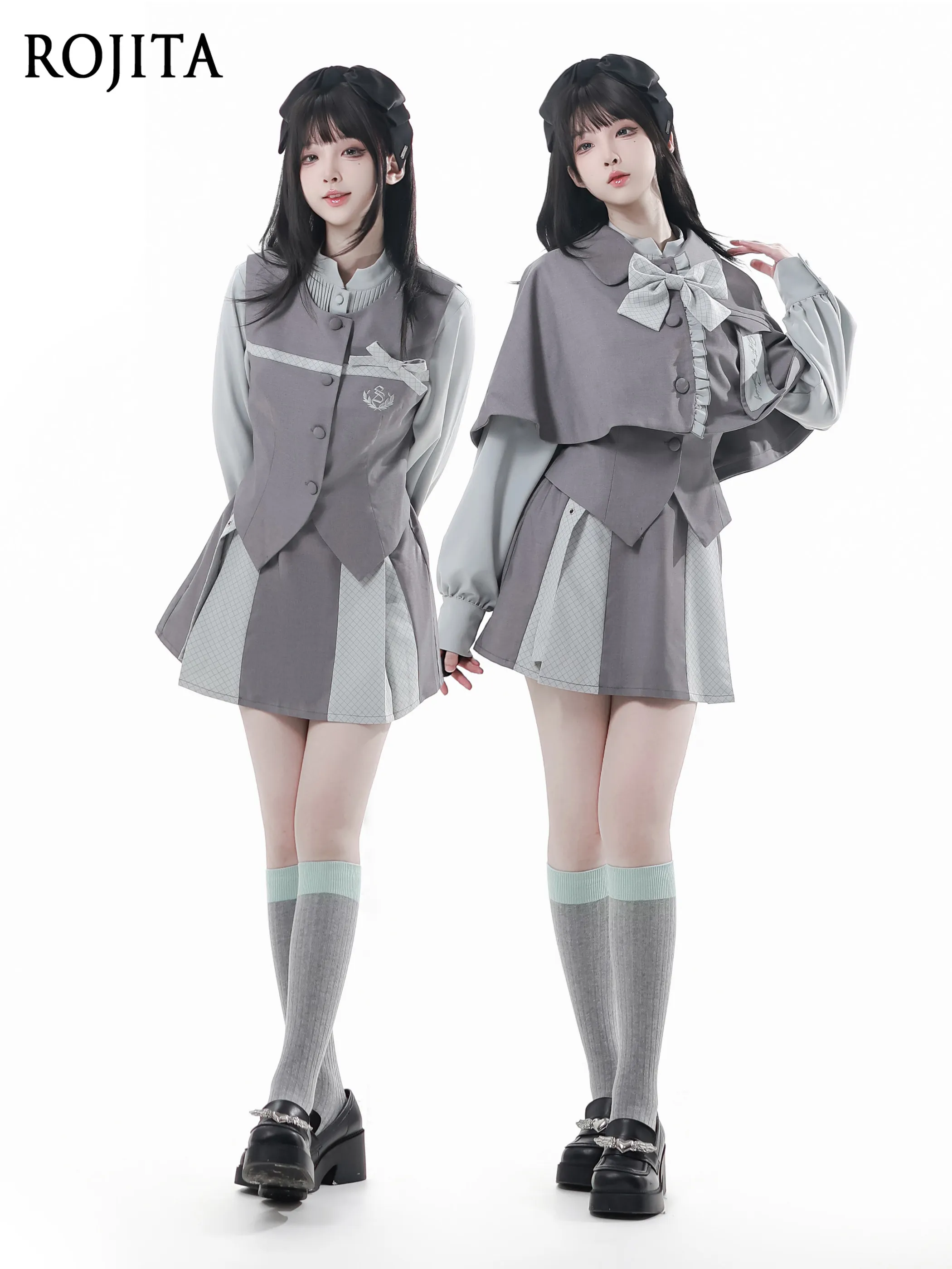 

Мятно-серая накидка с контрастной вышивкой и лентами, рубашка с завязками на талии, юбка с эластичным поясом для женщин