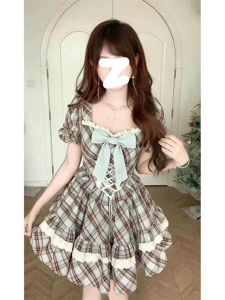Minivestido francés Retro Y2K con cuello cuadrado a cuadros y lazo para mujer, vestido ajustado de verano estilo princesa Jk Swing