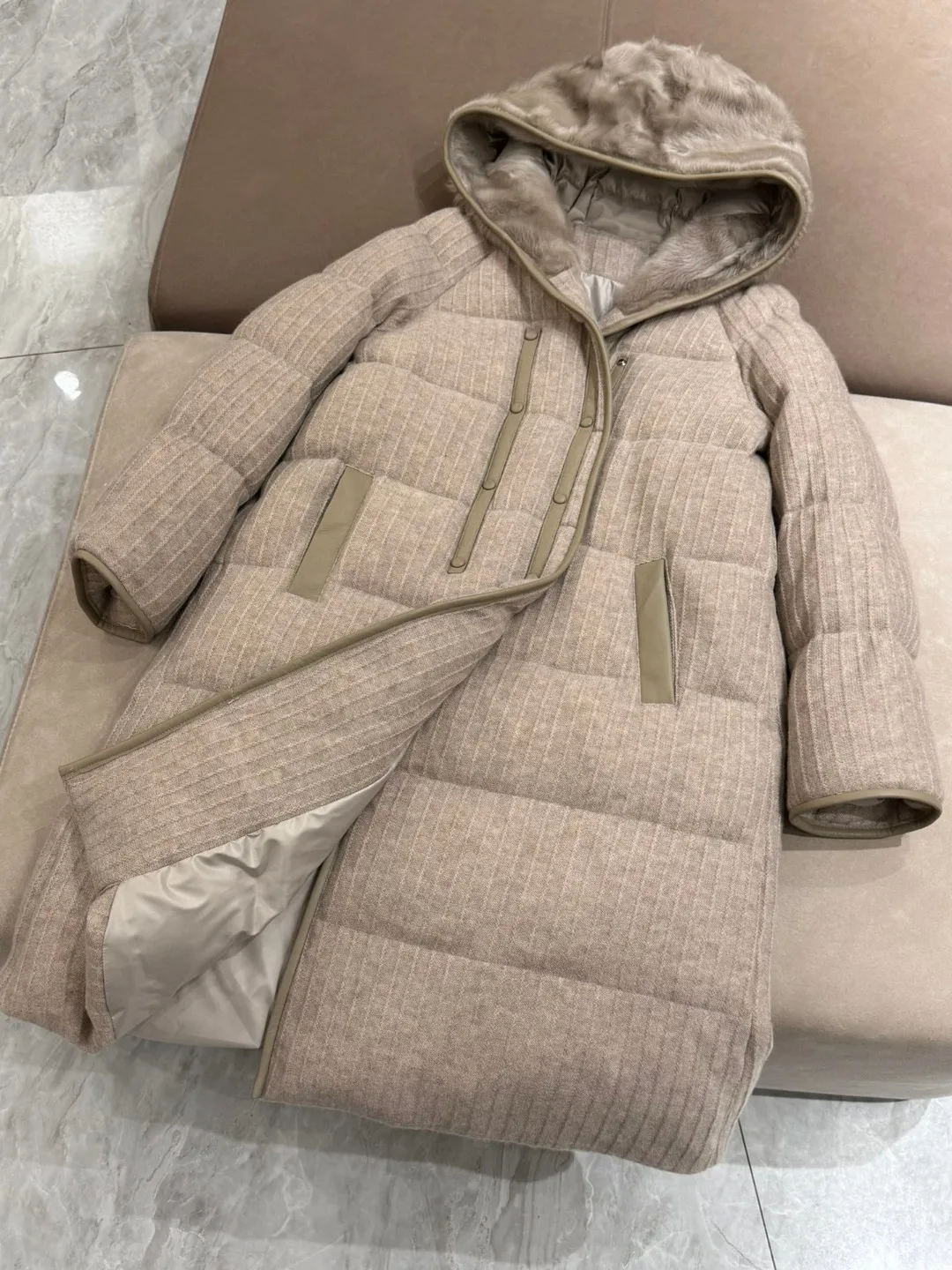 Autumn Winter Women\'s L*P Cashmere Knitted Fabric Hooded Goose Down Jacket Mid-length Coat With Lamb Wool Hood