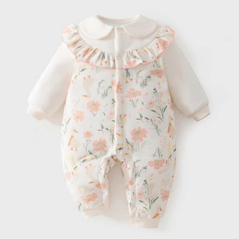 My First Christmas Baby Girl Romper Long Sleeve Floral Peter Pan Collar Quilted Baby Winter Clothes Ruffles Infant Jumpsuit