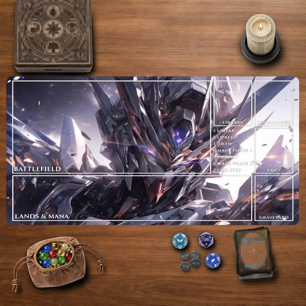 Epic Sci‑Fi Silver Gold Cyber Mecha TCG Playmat 35X60CM Magic Card Battle Mat Non‑Slip Durable Stitched Edge Tabletop Playmat