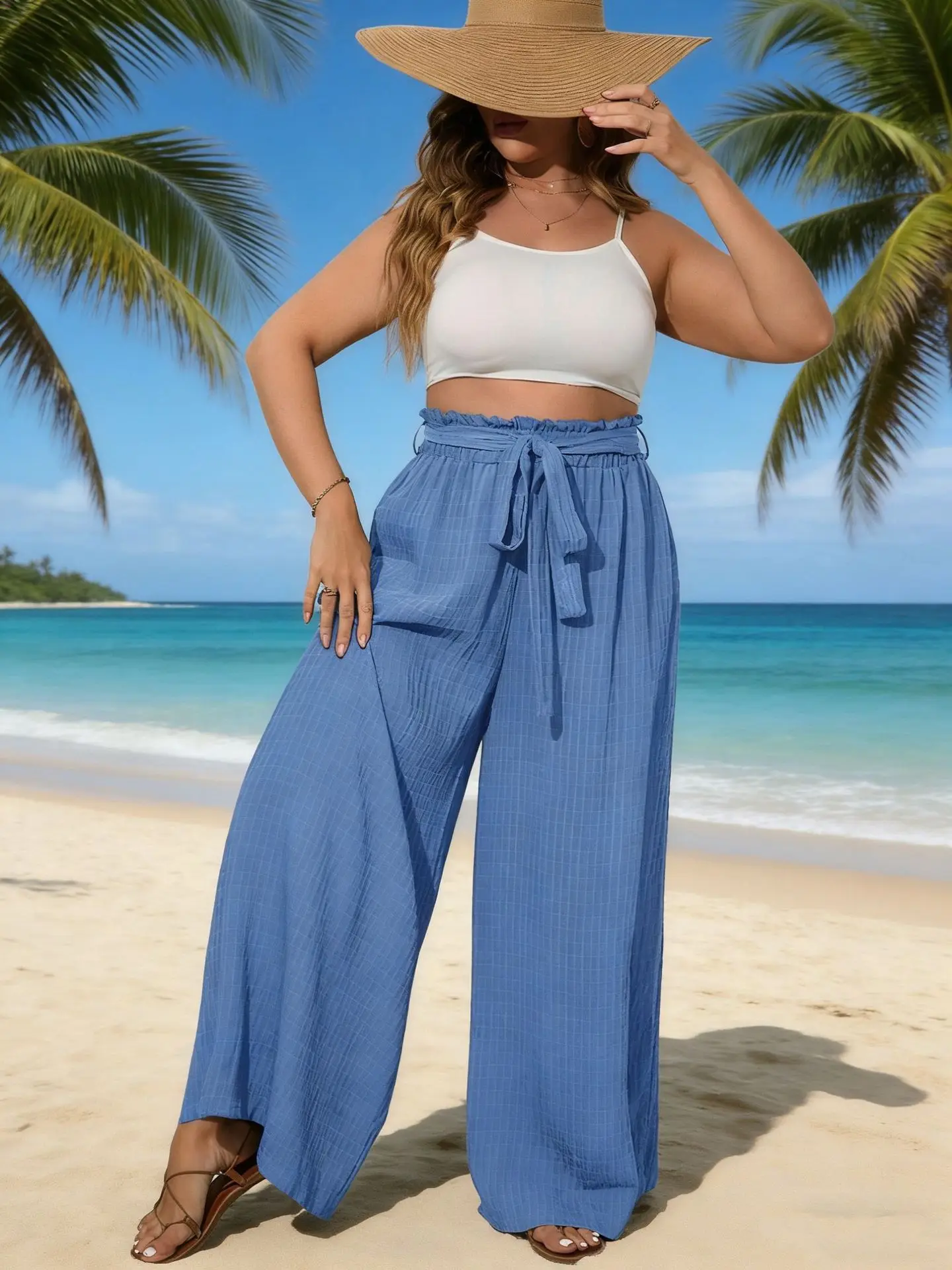 Plus Size Grid Textured Wide Leg Pants, Ruffle Waist Drawstring Beach Trousers with Pockets for Curvy Women, Breathable Vacation