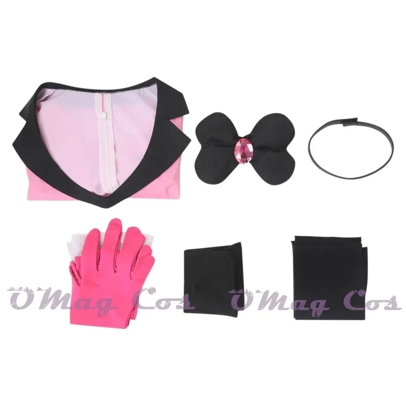 Angel Dust Cosplay Nette Anime Cartoon Cosplay Costume pour femme, déguisement d'hôtel, gants, nœud rose, robe rose, tenue d'Halloween, jeu de rôle grill