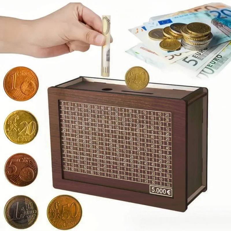 1000/2000/3000/5000/10000 Euro Money Box Wooden Piggy Bank Savings Challenge Box Coin Tray Storage Case Reusable