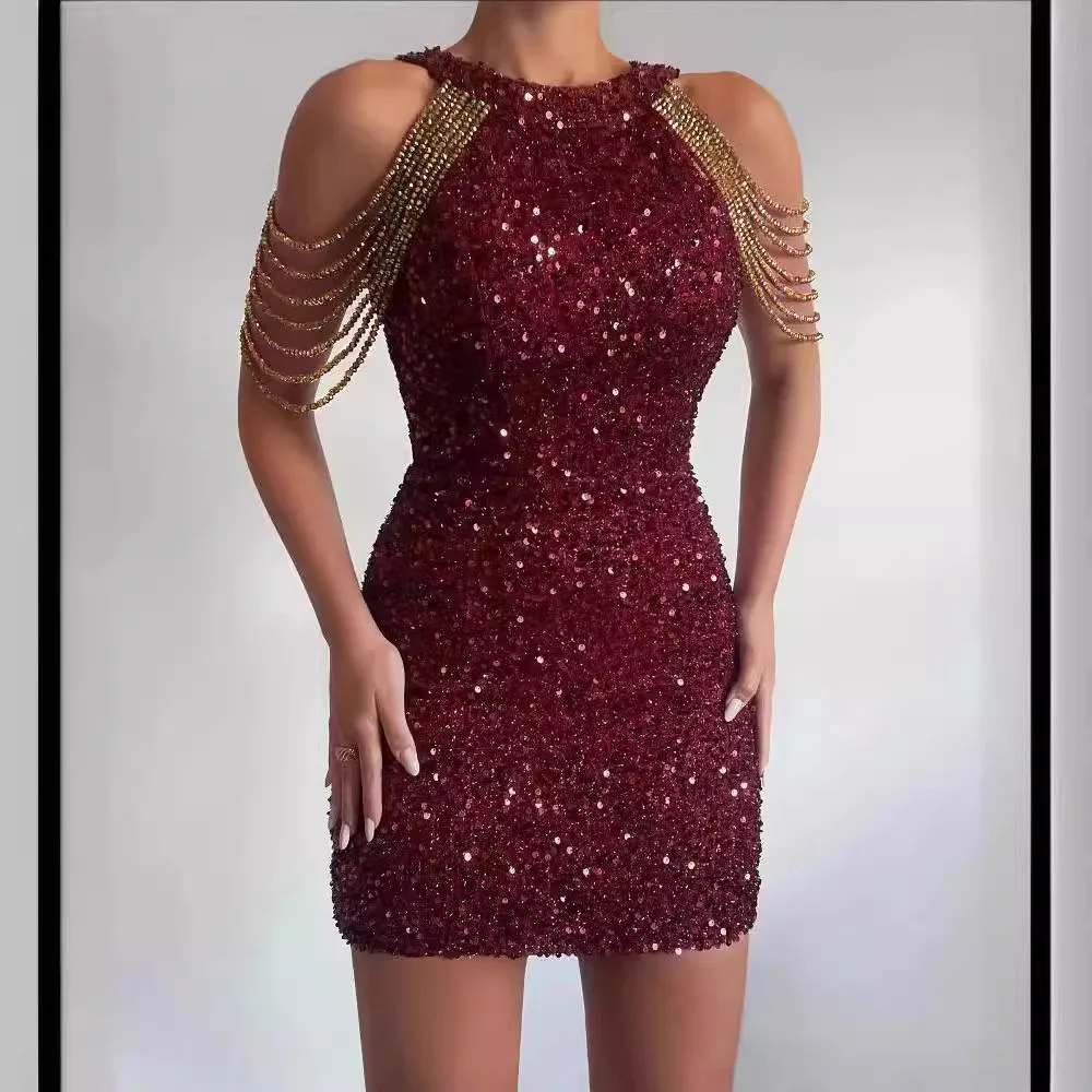 

Sexy Sleeveless Sequin Dress Women Fashion Slim Zipper Round Neck Crystal Chain Mini Dresses Spring Summer New Evening Dresses