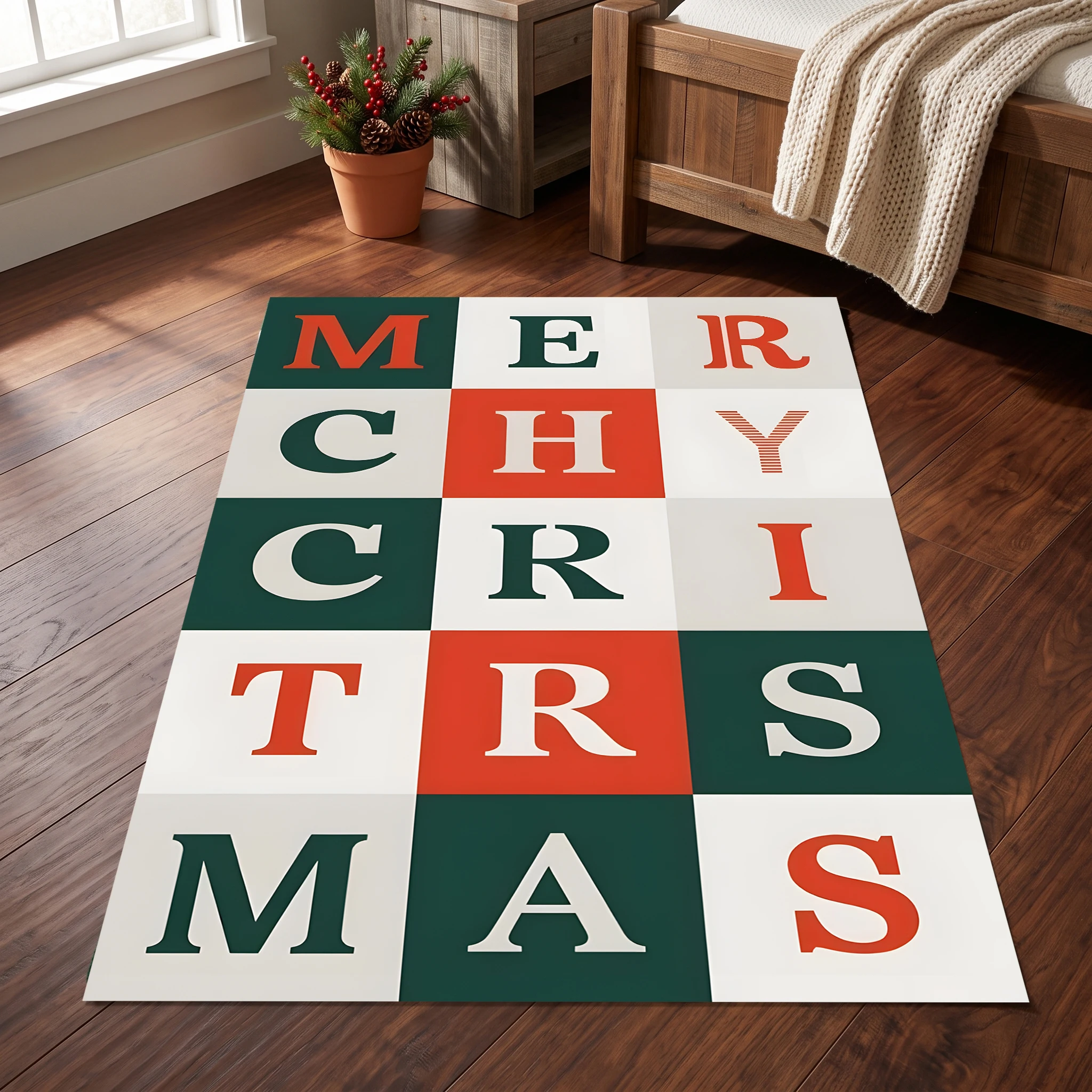 Velvet Rug Retro Christmas Red Green Checkered Lettering Merry Christmas Slogan for Living Room Bedroom Entryway Decor