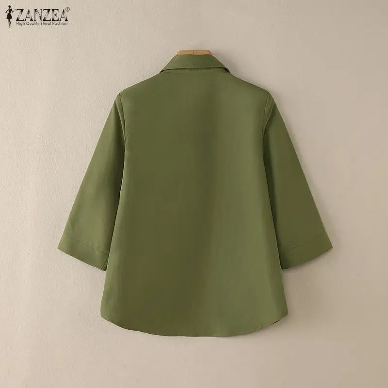 ZANZEA Mode Frauen Hemd Herbst Büro Arbeit Bluse Vintage Revers Hals 3/4 Hülse Tops Frühling Casual Solide Tasten Busas Tunika