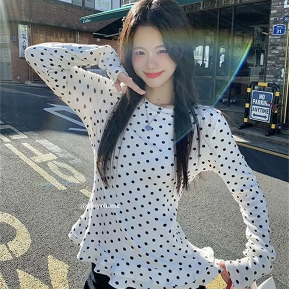 Polka Dot Long Sleeve T-Shirt Women Ruffle Hem Slim Fit Crew Neck Soft Top Stylish Garment for Office Commute Street Dressing