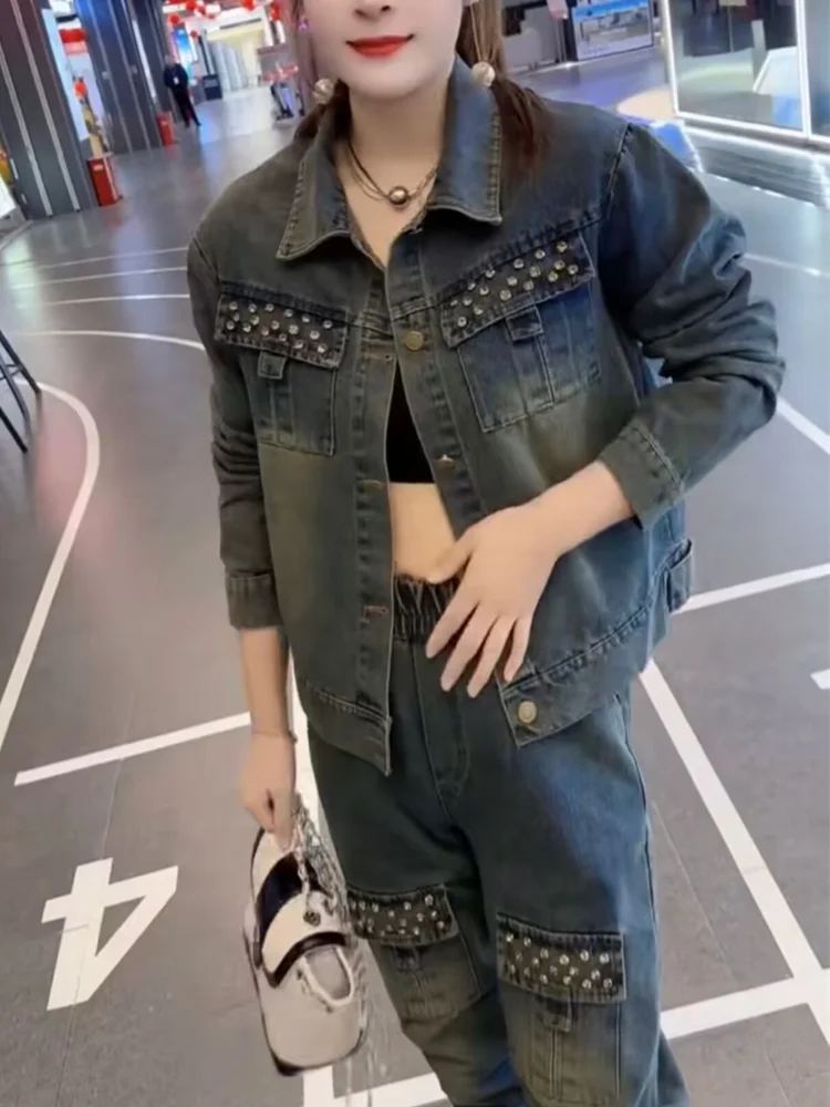 Spring new fashionable diamond denim jacket+jeans set women's short jacket and pants two-piece set 2024