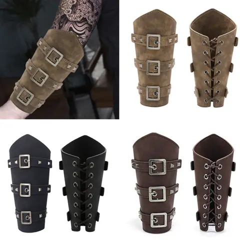 Exaggerated Punk PU Leather Arm Guard Wristbands Vintage Medieval Bangles Personalized Man Halloween Accessories Gift