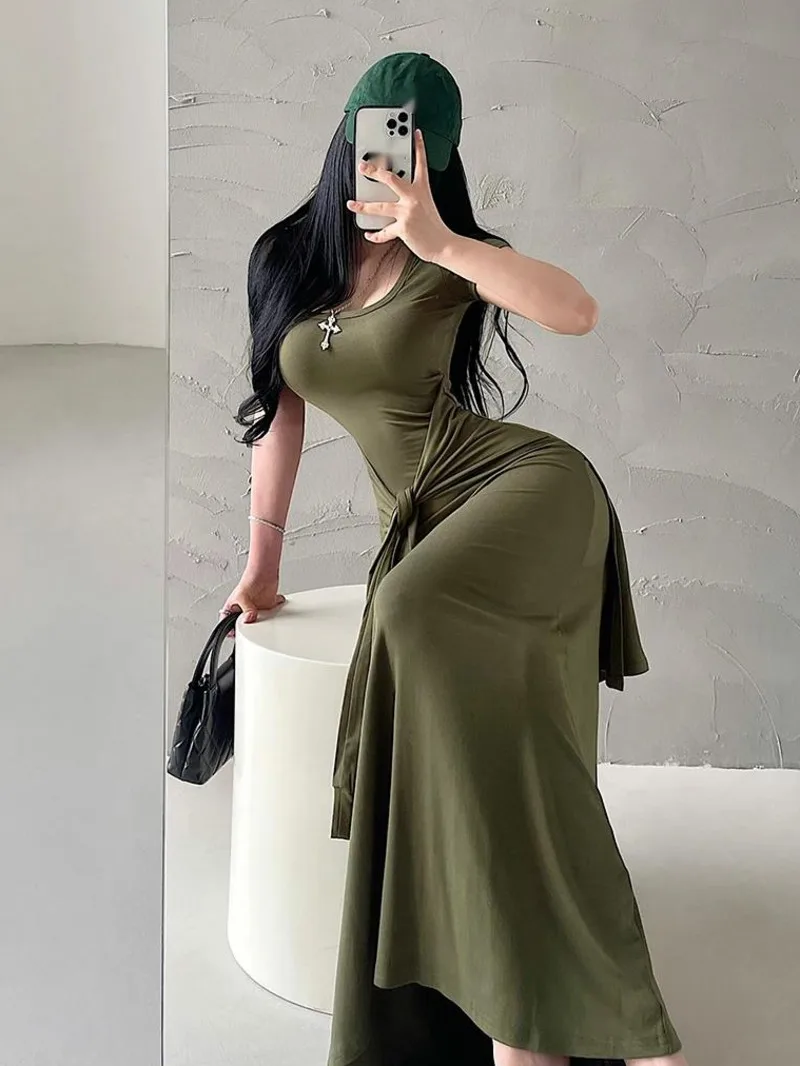Pure Desire Sexy U Neck Fake Two Piece Strap Up Waist Short Sleeve Dress Elegant Long Dress Sweet Fashion Sexy Women CL30