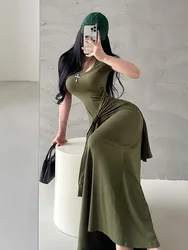 Pure Desire Sexy U Neck Fake Two Piece Strap Up Waist Short Sleeve Dress Elegant Long Dress Sweet Fashion Sexy Women CL30