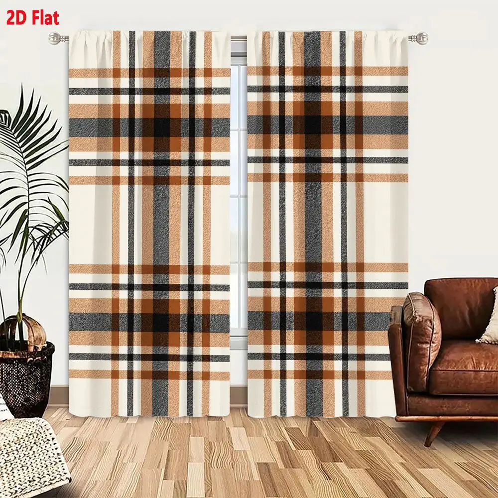 2Pcs Curtains 2D Flat Classic Plaid Tartan Pattern With Cream Brown Grey And Black Woven Texture For Clothing Window Drapes for