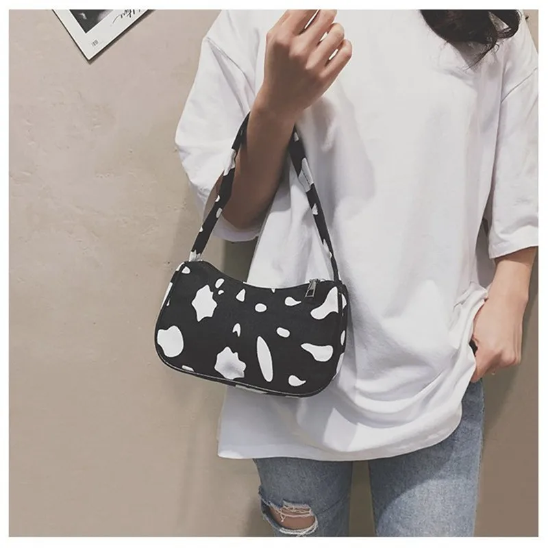 The Cow Spot Printed Canvas Shoulder Bags For Women 2023 Female Small Underarm Bag Ladies Cute Purses and Handbags Casual Tote