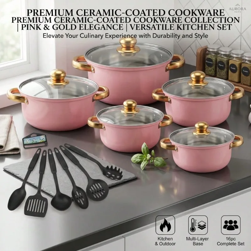16Pcs Pink Stainless Steel Cookware Set With Gold Accents, Includes Pots With Glass Lids And Utensils. Multi-Layer Composite Base Ensures Even Heating. Stylish And Durable, Great For Home Cooking And Outdoor Camping, Ideal Gift For Cooking LoversKitchen.